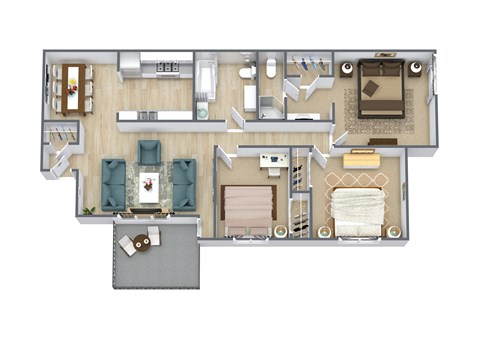 Floor plan for 3 beds, 2 baths, 1028 sqft